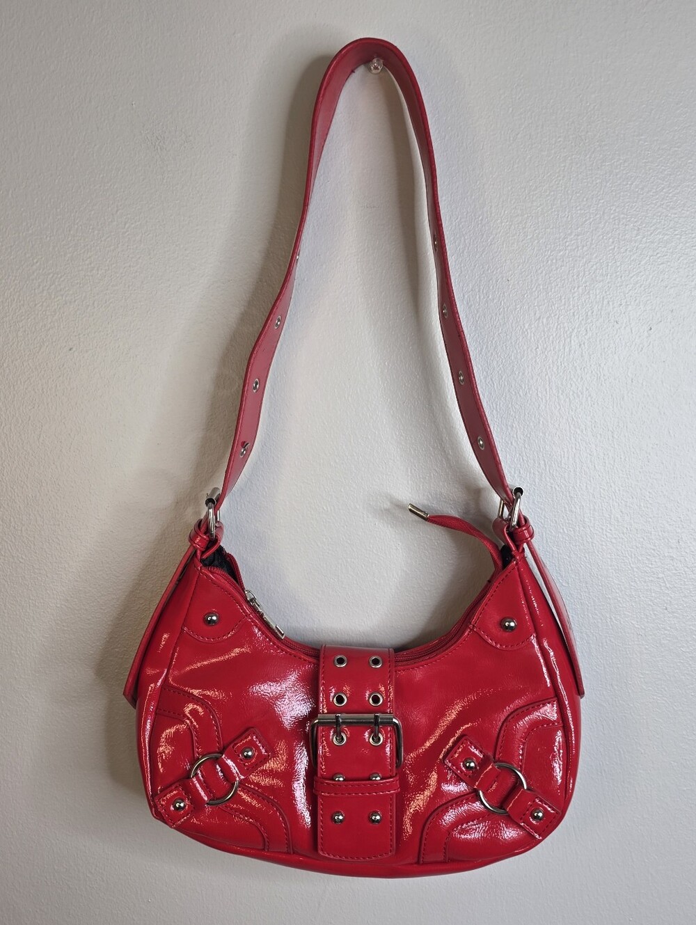Red Faux Patent Shoulder Bag with Buckle Detail Y2k